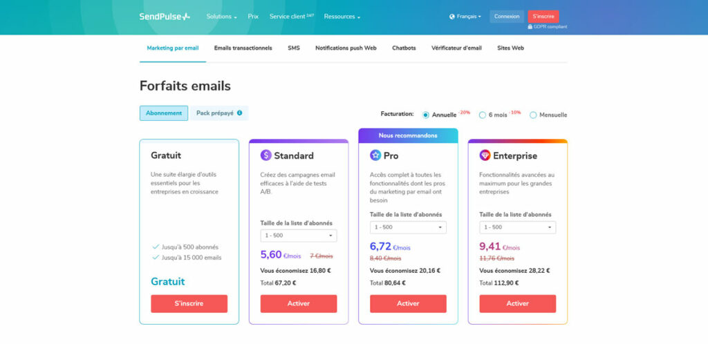 sendpulse tarifs prix